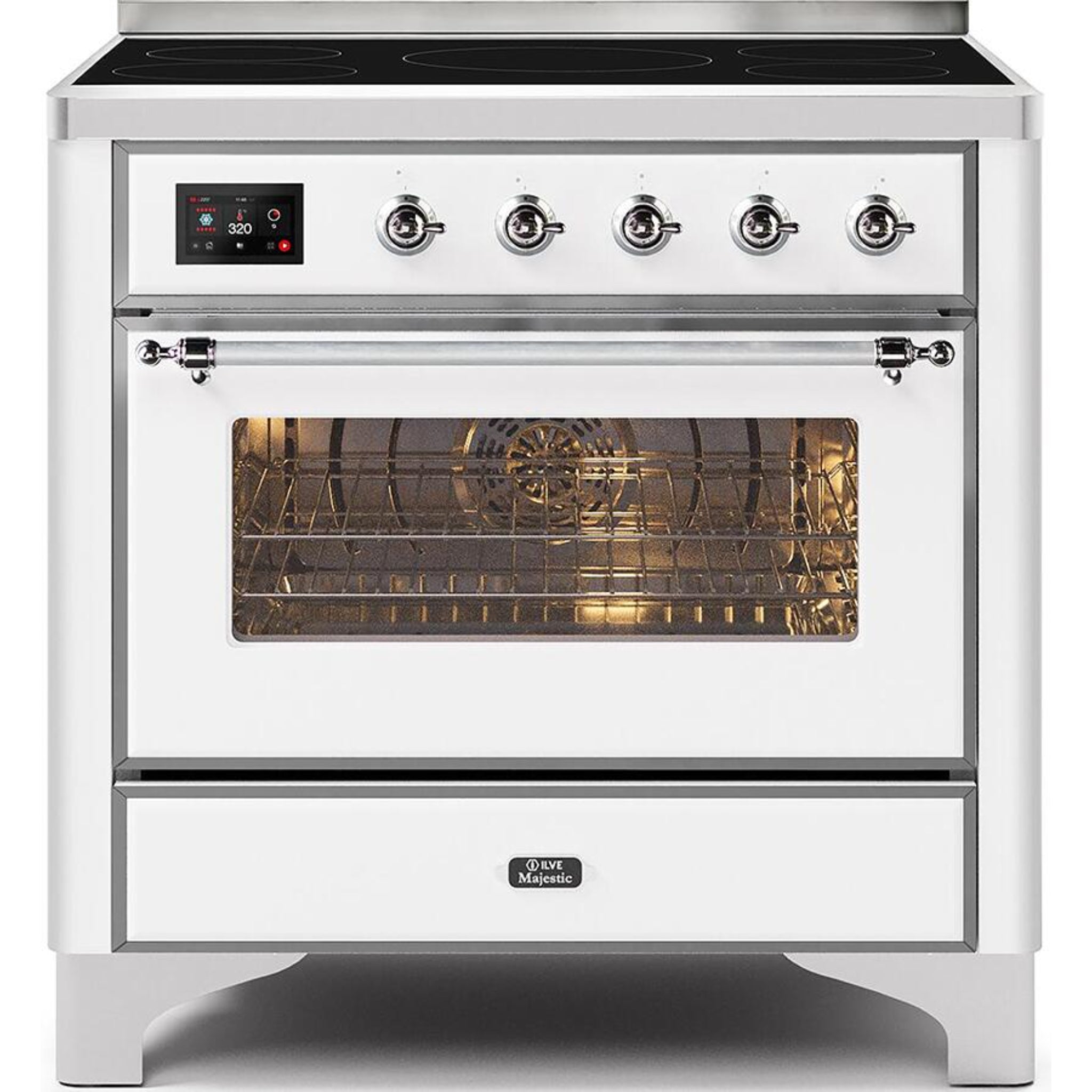 Ilve UMI09NS3WHG 36 Inch Freestanding Electric Induction Range with 5  Elements, 3.5 Cu. Ft. Capacity, Storage Drawer, Self-Clean, True European  Convection, TFT Oven Control Display, and Triple Glass Cool Door: White,  Brass Trim